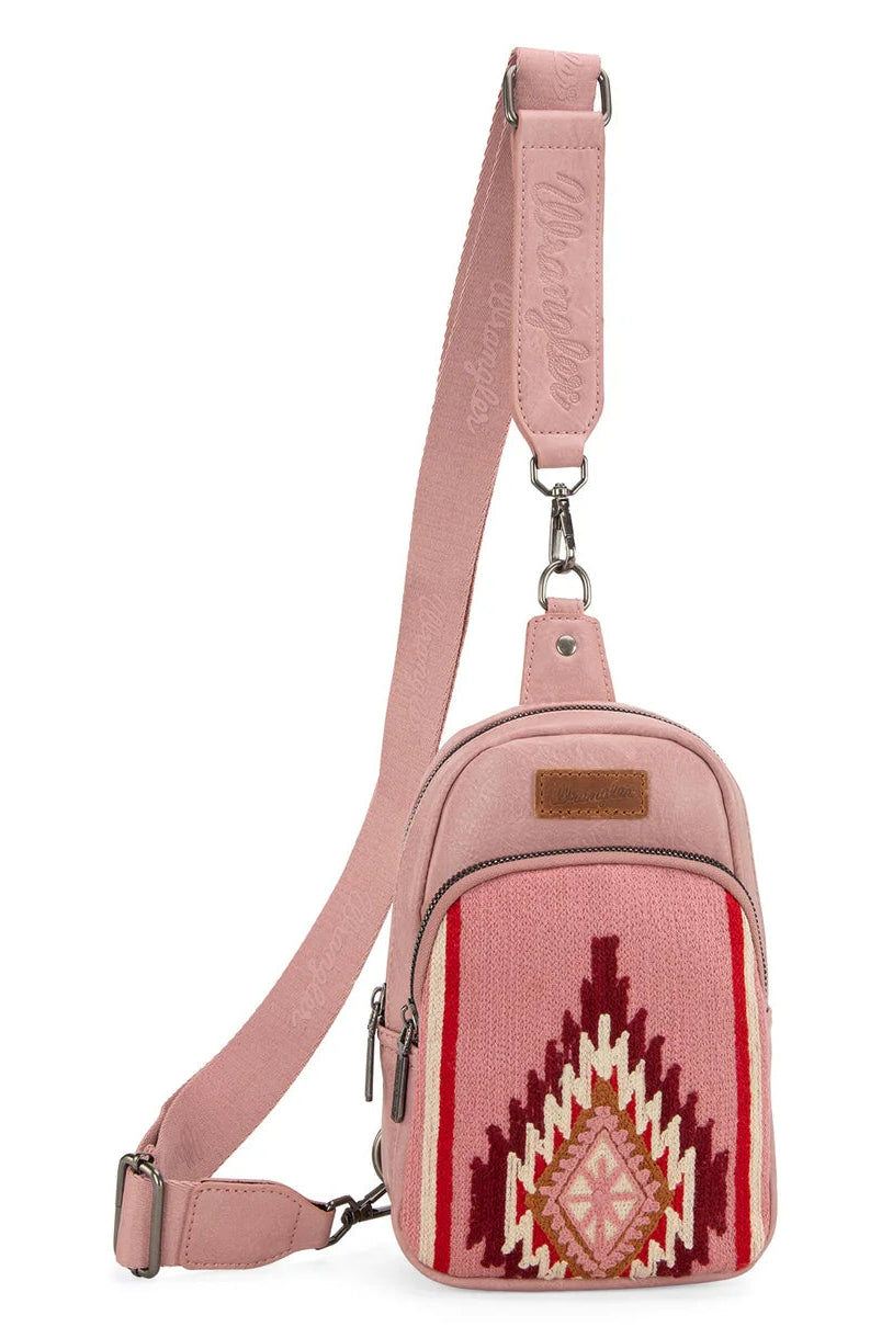 Trestles Clothing Company pink Aztec print sling bag with canvas and PU leather texture and adjustable nylon strap